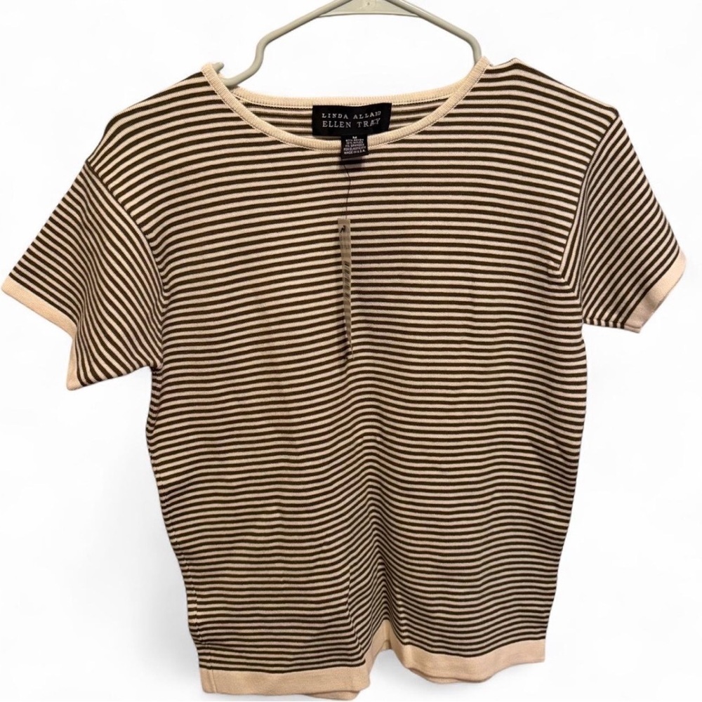 Linda Allard Ellen Tracy Olive Striped Short Sleeve Sweater size Medium NWT